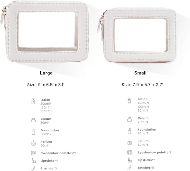 Aveniee Clear Makeup Bag Organizer Set,Portable Travel Toiletry Case for Women, Vegan Leather Cosmetic Pouch Car Bag for Essentials 2pcs,Middle & Large,Beige