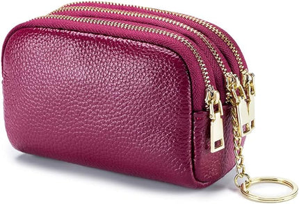 LINNO 3 Zippered Genuine Leather Coin Purse Triple Capacity Change Pouch Little Travel Wallet With Key Ring for Women