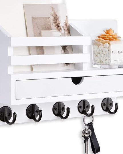 Lucundm Key Holder Wall Mount, Mail Holder with Storage Drawer and 5 Key Hooks for Coat, Dog Leash, Home Decor Rack, House Accessories, Entry Way Organizer