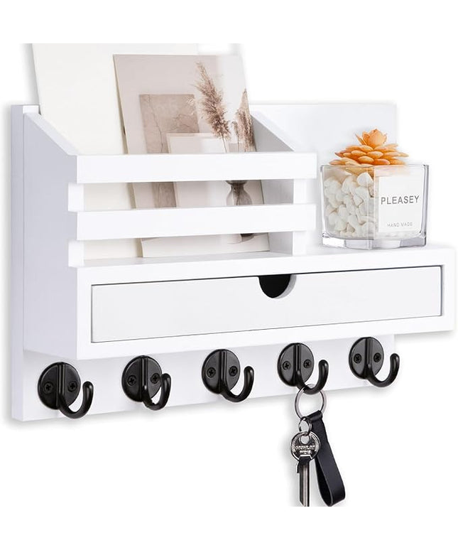 Lucundm Key Holder Wall Mount, Mail Holder with Storage Drawer and 5 Key Hooks for Coat, Dog Leash, Home Decor Rack, House Accessories, Entry Way Organizer