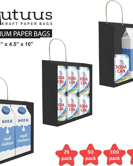Qutuus Black Gift Bags with Handles Bulk - 100 Pcs 8x4.5x10 inches Black Paper Bags for Shopping, Retail, Small Business, Party, Merchandise
