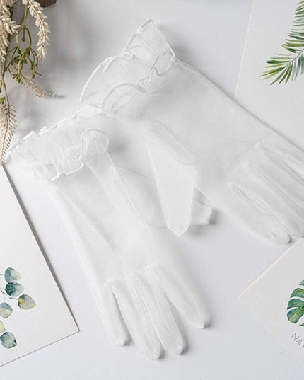 Women's Summer Tulle Gloves Pleated Ruffle Full Finger Wrist Length Opera Party Gloves