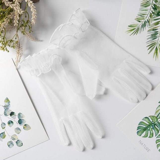 Women's Summer Tulle Gloves Pleated Ruffle Full Finger Wrist Length Opera Party Gloves