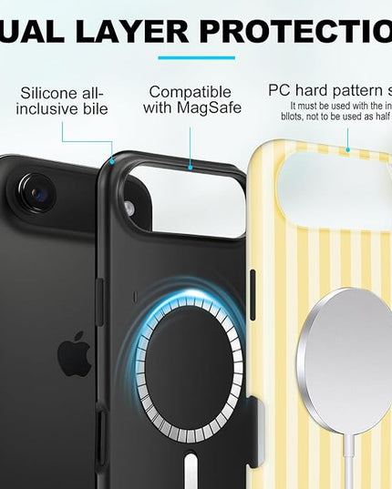 Magnetic for iPhone 17 Air Case Cute Stripes Phone Case, Shockproof Slim TPU and Hard PC Protective Phone Cover Compatible with MagSafe Designed for Women Girls, Pink and White