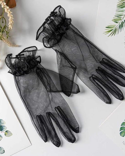 Women's Summer Tulle Gloves Pleated Ruffle Full Finger Wrist Length Opera Party Gloves
