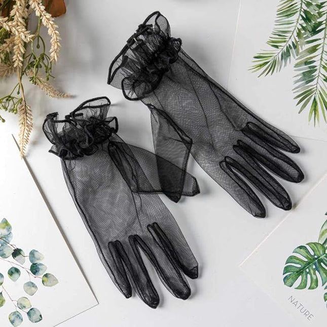 Women's Summer Tulle Gloves Pleated Ruffle Full Finger Wrist Length Opera Party Gloves