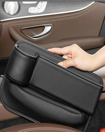 Car Seat Gap Filler Organizer with Cup Holders, Seat Gap Storage Box for Drinks, Phones, Keys, Sunglasses, Cards, and Small Essentials (Black, Passenger Seat)