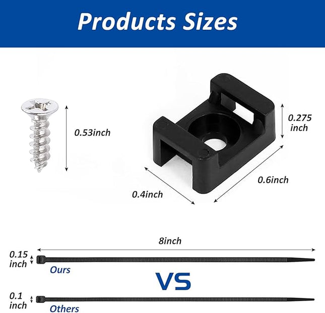 Cable Zip Tie Mounts Kit - 120 Set Wire Cable Clips Organizer Holders with 8" Cable Ties, Saddle Type Mounts Base and Tapping Screw, Black