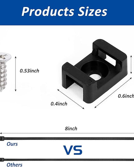 Cable Zip Tie Mounts Kit - 240 Set Wire Cable Clips Organizer Holders with 8" Cable Ties, Saddle Type Mounts Base and Tapping Screw, Black