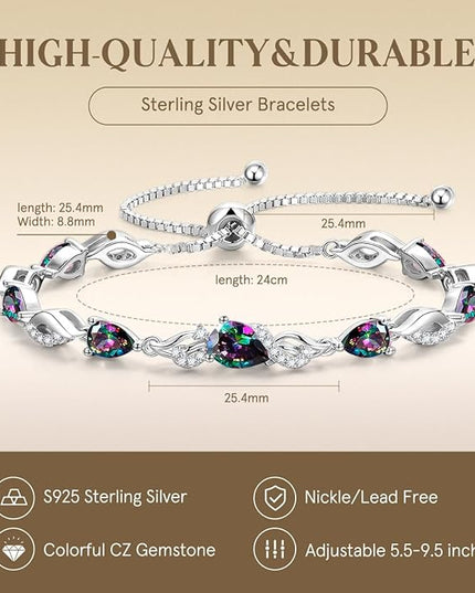 FANCIME Birthstone Teardrop Tennis Bracelet for Women, Sterling Silver 9x7mm main Gemstone Bolo Adjustable Chain Bracelet Fine Jewelry Birthday Gifts for Women Mom Wife Her
