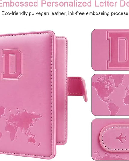 Passport Holder Cover Initail Letter A-Z Travel Wallet Embossed Design RFID Blocking Card Holder Personalized Gift Passport Cover Wallet, Passport Book Holders for Women and Girls, Pink-D