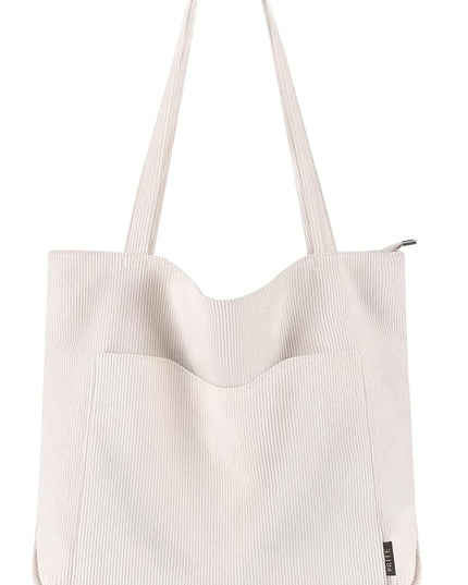 Prite Corduroy Tote Bag for Women Large Shoulder Bag with Zipper and Pockets for College Work Travel Shopping