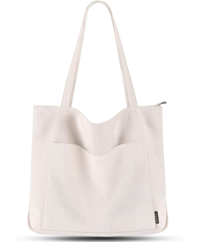 Prite Corduroy Tote Bag for Women Large Shoulder Bag with Zipper and Pockets for College Work Travel Shopping