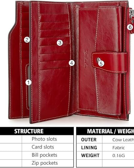 BOSTANTEN Womens Wallet Genuine Leather Wallets Large Capacity Cash Cluth Purse with Zipper Pocket Wine Red