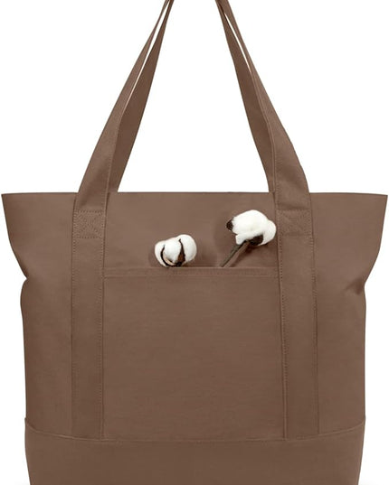 TOPDesign 1-Pack Canvas Tote Bag with an External Pocket, Reusable Grocery Shopping Bag, Top Zipper Closure, Daily Essentials (Brown)