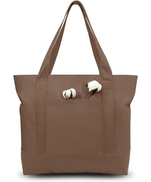 TOPDesign 1-Pack Canvas Tote Bag with an External Pocket, Reusable Grocery Shopping Bag, Top Zipper Closure, Daily Essentials (Brown)