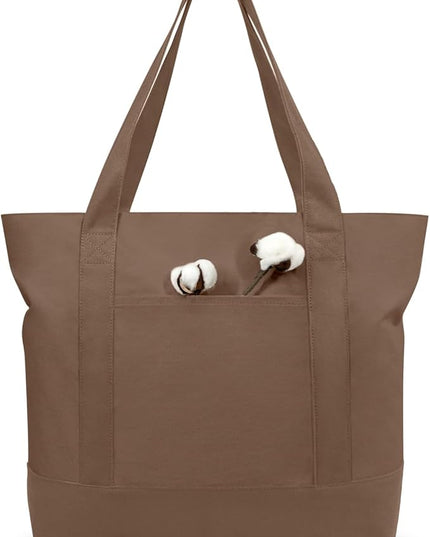TOPDesign 6-Pack Canvas Tote Bags with an External Pocket, Reusable Grocery Shopping Bags, Top Zipper Closure, Daily Essentials (Brown)