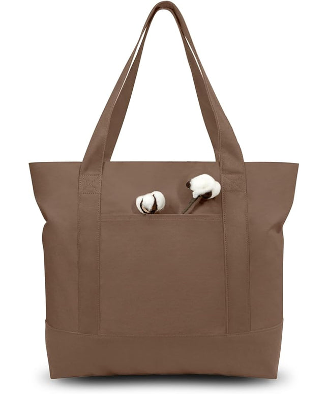 TOPDesign 6-Pack Canvas Tote Bags with an External Pocket, Reusable Grocery Shopping Bags, Top Zipper Closure, Daily Essentials (Brown)