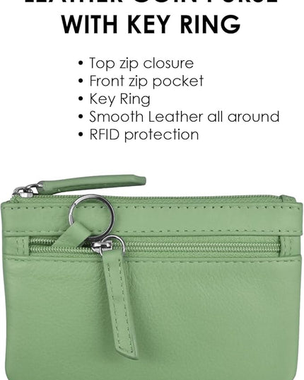 ili New York Mini Leather Coin Purse, Compact Design with Key Ring and RFID Protection for Women and Men in Vibrant Colors, Sage