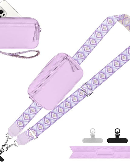 Clip and Go Strap for Phone with Wallet Crossbody, Adjustable Phone Lanyard with Detachable RFID Wristlet Wallet, Pattern Strap - Light Purple(L)