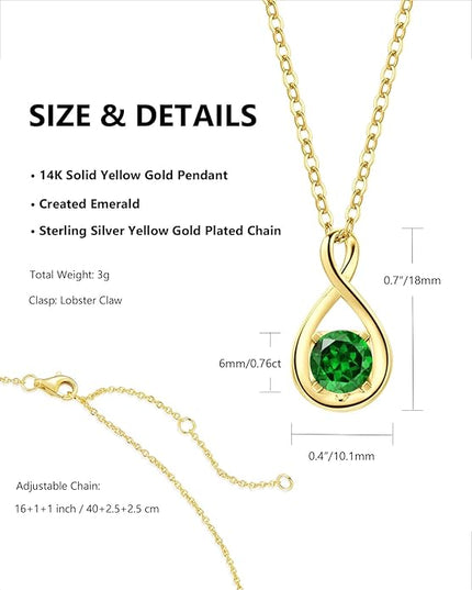 FANCIME 14K Solid Gold Birthstone Pendant with Sterling Silver Chain Infinity Gemstone Necklace Fine Jewelry Anniversary Birthday Christmas Gifts for Women Wife Her