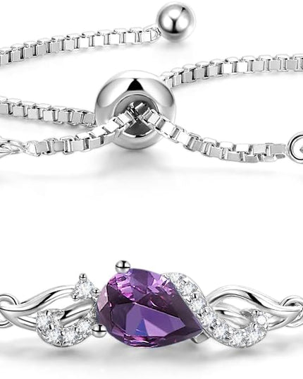 FANCIME Birthstone Teardrop Tennis Bracelet for Women, Sterling Silver 9x7mm main Gemstone Bolo Adjustable Chain Bracelet Fine Jewelry Birthday Gifts for Women Mom Wife Her