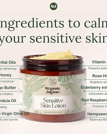 Organic Jaguar Natural Body Lotion for Sensitive Skin, Scent Free, Sulfate & Paraben Free Body Care, Moisturizer With Essential Oils, Vitamin E Oil, Beeswax, Extra Virgin Olive Oil, Raw Honey, 8 oz