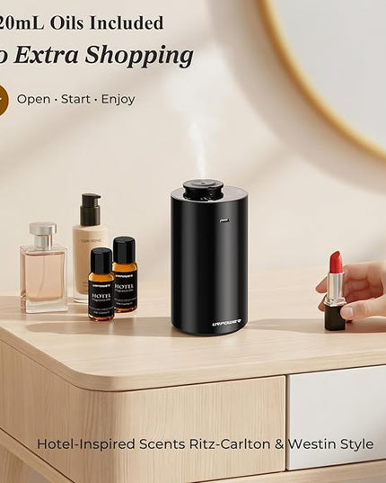 URPOWER Waterless Essential Oil Diffuser: No Water Needed Battery Operated Scent Diffuser - 2 * 20ML Hotel Fragrance Essential Oils - Cordless & Mini Oil Machine Aluminum for Car Home Office(Black)