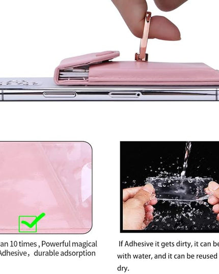 Cell Phone Card Holder RFID Ring Stand Stick on Wallet Card Holder for Back of Phone iPhone Android and All Smartphones Adhesive Credit Card Holder Pink