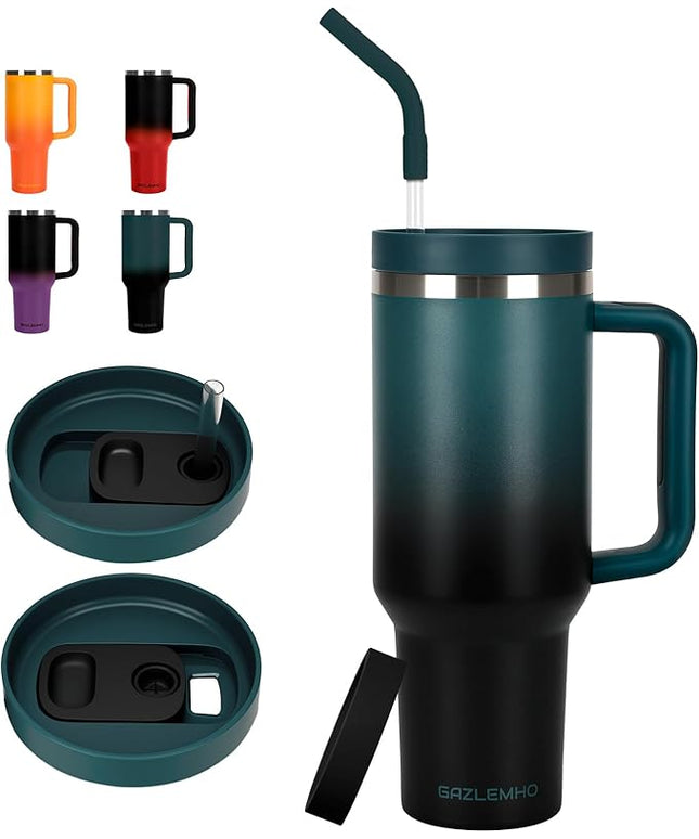 40oz Tumbler with Handle and Straw Spout 2-in-1 Lid, Spill Leak Proof Insulated Travel Cup Traveler Water Mug Keep Cold Hot, Dishwasher Safe Stainless Steel Bottle Gifts for Women Men, Indigo Black