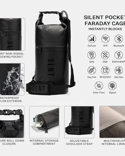 SLNT Waterproof Faraday Dry Bag - 420D Waterproof Nylon Signal Blocking Backpack - Protects Electronics from Water, Spying, Hacking - Blocks RFID, WiFi, Bluetooth, NFC, Cellular, GPS, EMF (5 Liter)
