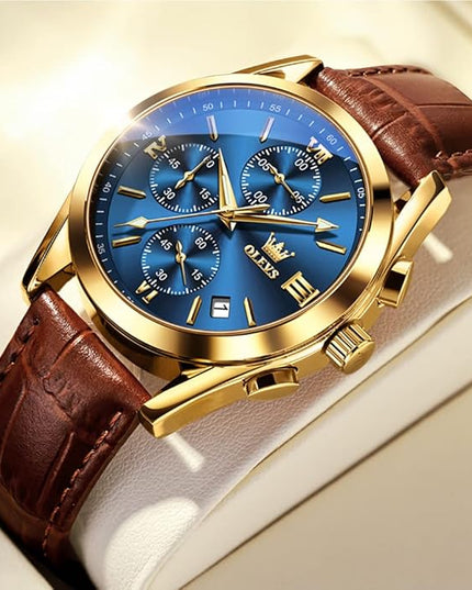 OLEVS Men's Watches Leather Strap Analog Quartz Watch, Fashion Big Dial Date Waterproof Watch, Dress Luxury Luminous Men Watches