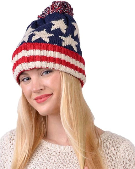 Parquet American Flag Knit Pom Beanie Ski Hat with Stars