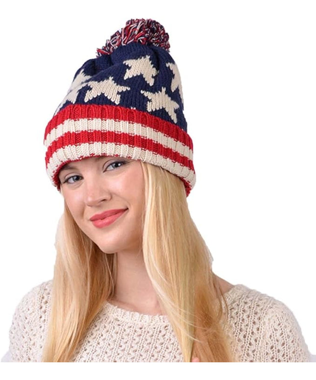 Parquet American Flag Knit Pom Beanie Ski Hat with Stars