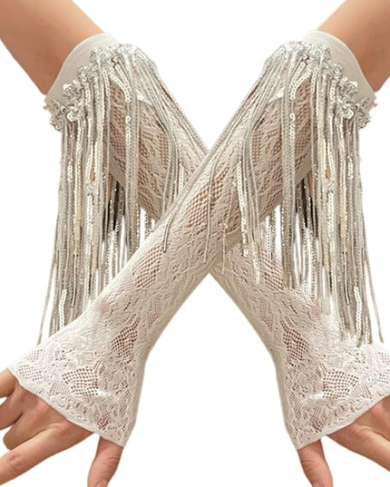 Sequin Fringe Gloves,Fingerless Lace Arm Sleeves For Women,Sparkly Rave Party Costume Fits US 0-8