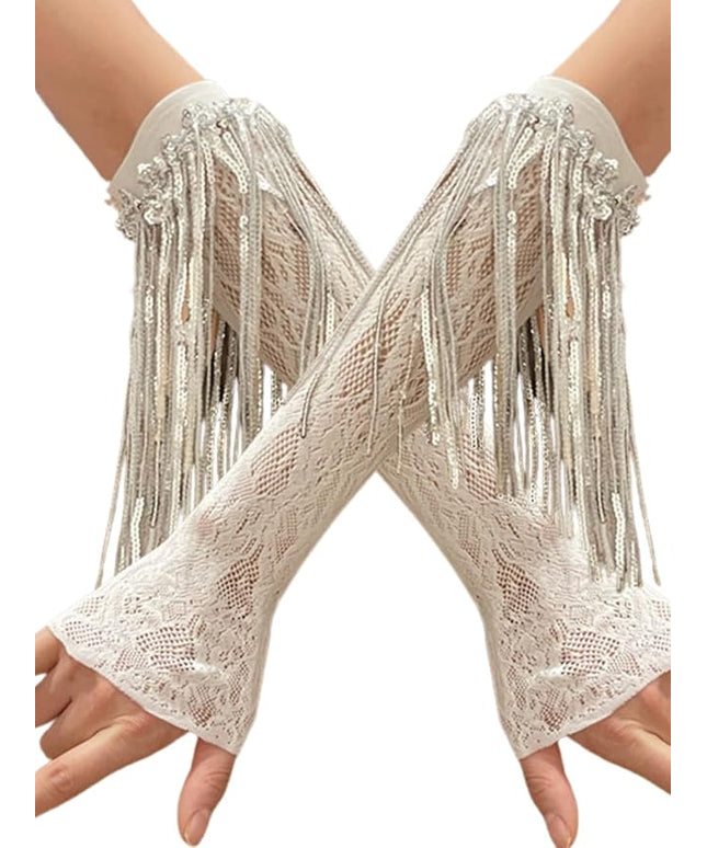 Sequin Fringe Gloves,Fingerless Lace Arm Sleeves For Women,Sparkly Rave Party Costume Fits US 0-8