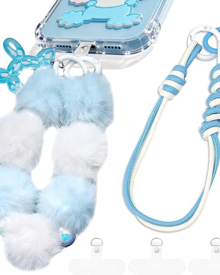 2 Pcs Phone Charm Wrist Strap with Tether Tab, Double Anti Lost Fluff Ball Beaded Wrist Lanyard, Detachable Leather Phone Charms for Bag, Key Chains, Camera Decor