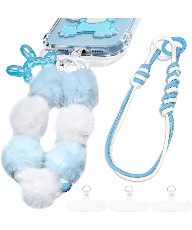2 Pcs Phone Charm Wrist Strap with Tether Tab, Double Anti Lost Fluff Ball Beaded Wrist Lanyard, Detachable Leather Phone Charms for Bag, Key Chains, Camera Decor