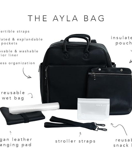 Ayla & Co Full-Size Diaper Bag Backpack, Baby Essentials Cross-Body Changing Bag for Baby Girl/Boy Convertible Straps Portable Tote Bag, Baby Changing Pad, Insulated Pockets & Pouch, Black