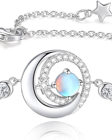 FANCIME Birthstone Bracelets 925 Sterling Silver Moon and Star Bangle Charm Bracelet Fine Jewelry Birthday Anniversary Christmas Day Gift for Her Women, Adjustable Chain 6.7"+1.2" Extend