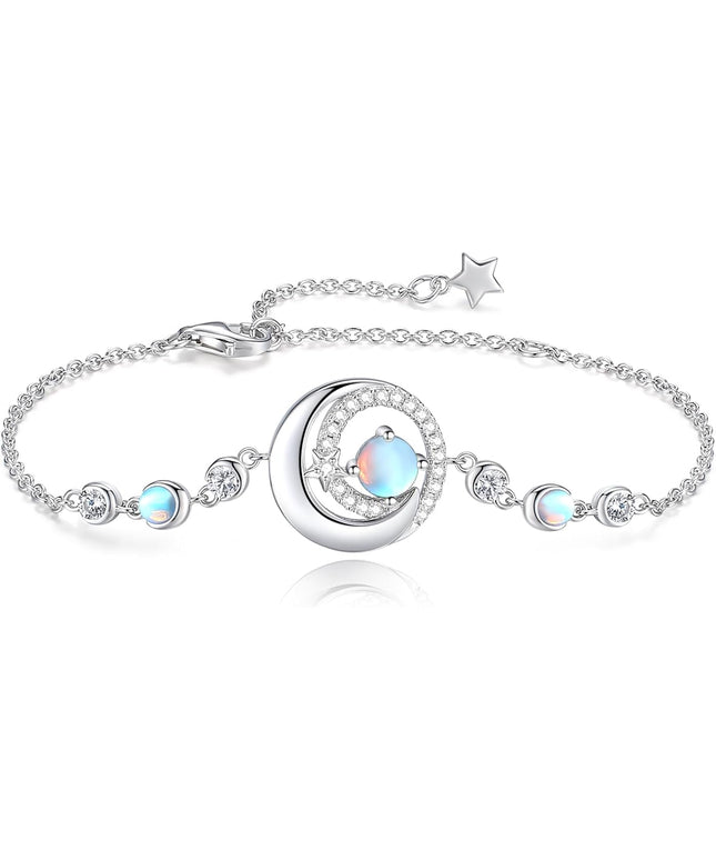 FANCIME Birthstone Bracelets 925 Sterling Silver Moon and Star Bangle Charm Bracelet Fine Jewelry Birthday Anniversary Christmas Day Gift for Her Women, Adjustable Chain 6.7"+1.2" Extend