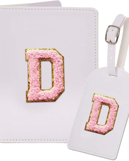 ULICO Initial Passport Cover and Luggage Tag Set,PU Leather Letter Passport Case Holder Travel Suitcase Tag, Personalized Travel Luggage Accessories Gifts for Women Kids Teenage White D
