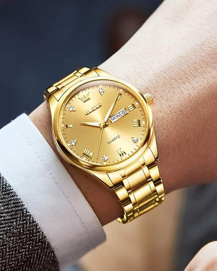 OLEVS Men's Luxury Watch Waterproof Luminous Easy Read Chronograph Watches Full Gold/White Dail/Black Face with Calendar Wristwatch