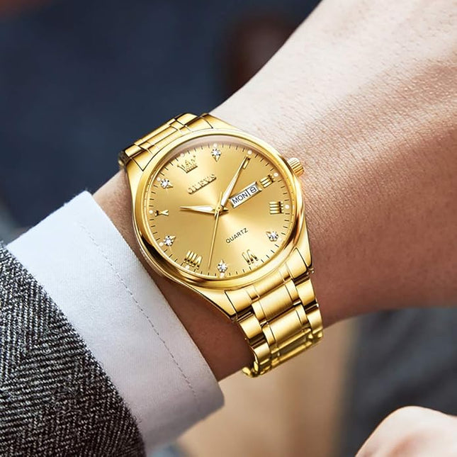 OLEVS Men's Luxury Watch Waterproof Luminous Easy Read Chronograph Watches Full Gold/White Dail/Black Face with Calendar Wristwatch