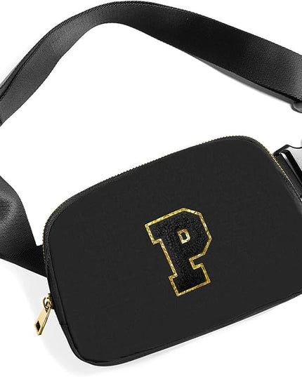 Gitus Belt Bag Fanny Pack Crossbody Bags with Initial Letter Patch Gifts for Wife Older Women Mother Coworker Bridesmaid Anniversary Travel Gifts Beach Gifts (Black-P)