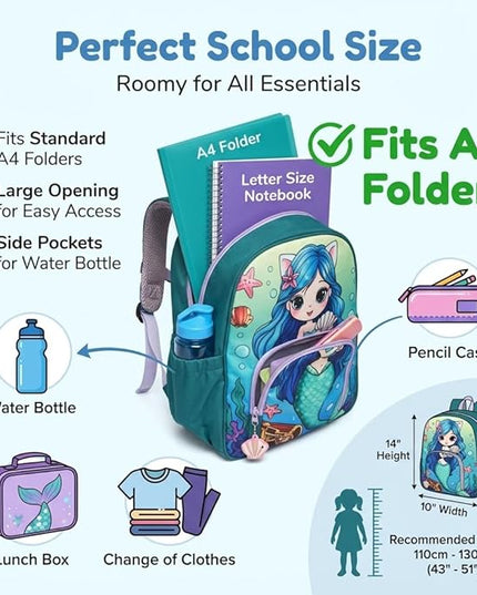 Kids Backpack for Boys and Girls, Kindergarten School Bag with Chest Strap (Teal Mermaid, 14 Inch)