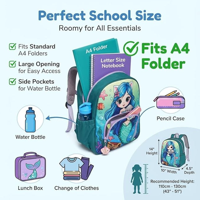 Kids Backpack for Boys and Girls, Kindergarten School Bag with Chest Strap (Teal Mermaid, 14 Inch)