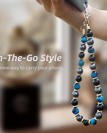 Marble Beaded Phone Wrist Strap,Detachable Phone Bracelet Strap with Tether Tab,Hands-Free Wristlet Strap (Blue Tiger Eye)