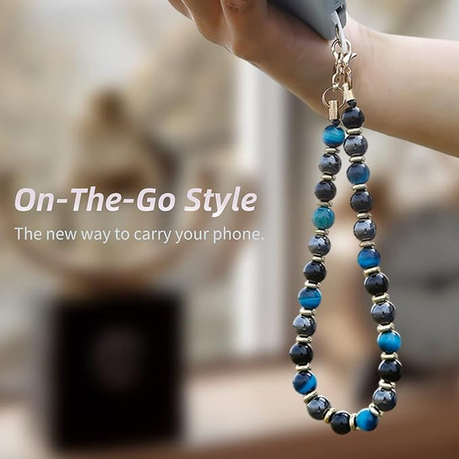 Marble Beaded Phone Wrist Strap,Detachable Phone Bracelet Strap with Tether Tab,Hands-Free Wristlet Strap (Blue Tiger Eye)