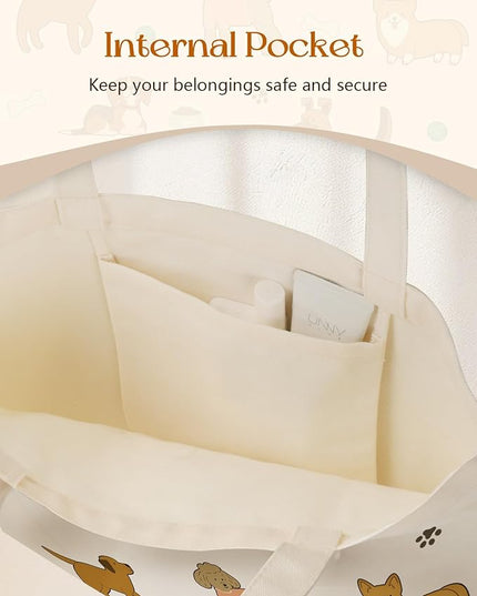 Canvas Tote Bag with Pockets - Aesthetic Reusable Totes for Women Ladies Cute Printed Cloths Canvas Shoulder Bag